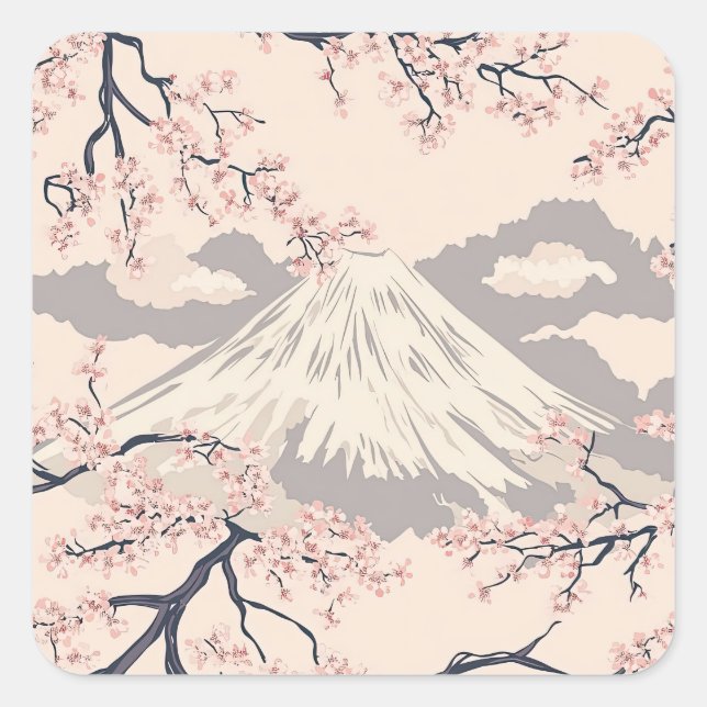 Mount Fuji with Cherry Blossoms – Japanese (2) Square Sticker (Front)