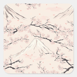 Mount Fuji with Cherry Blossoms – Japanese Square Sticker