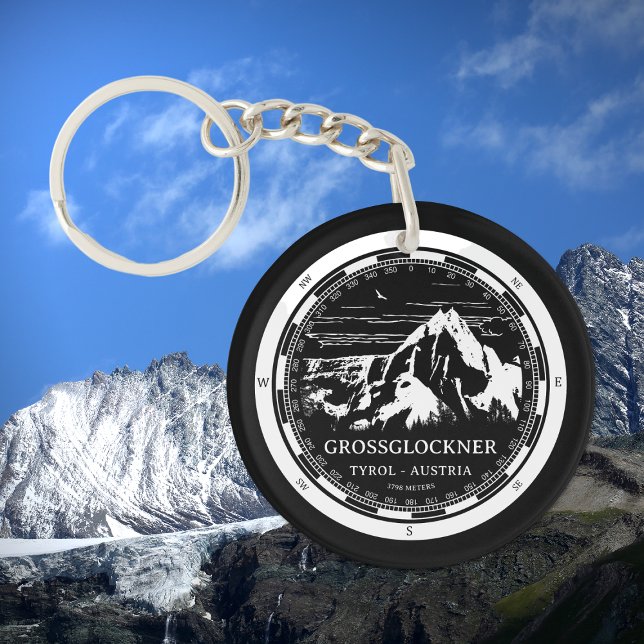Mount Grossglockner - Tirol Austria Alps Key Ring (Mount Grossglockner Keychain in Back with a white compass and mountain illustration)