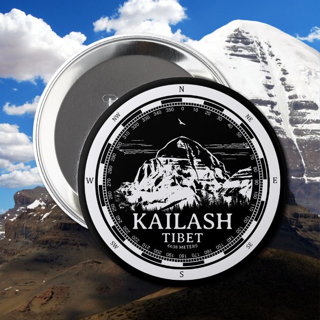 Mount Kailash - Gang Rinpoche Tibet 10 Cm Round Badge (Mount Kailash - Gang Rinpoche Button in Back with a white compass and mountain illustration)