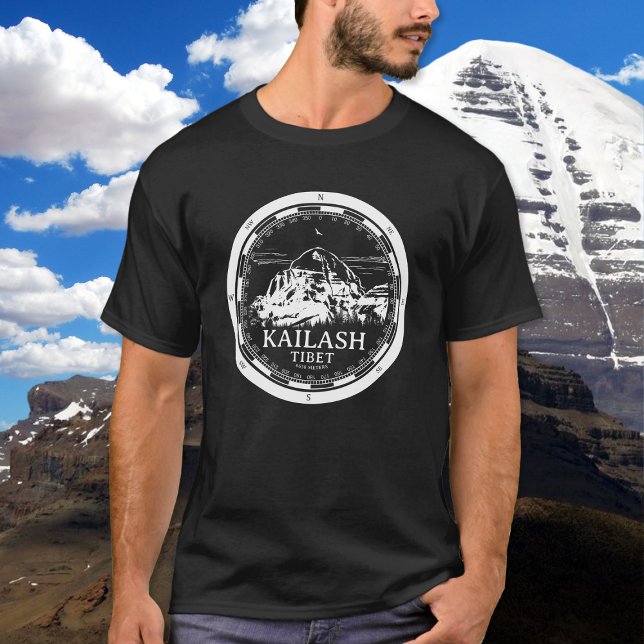 Mount Kailash - Gang Rinpoche Tibet T-Shirt (Mount Kailash - Gang Rinpoche T-Shirt in Back with a white compass and mountain illustration)