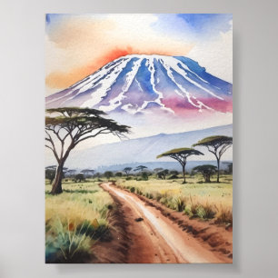 Mount Kilimanjaro Tanzania Watercolor Art Poster