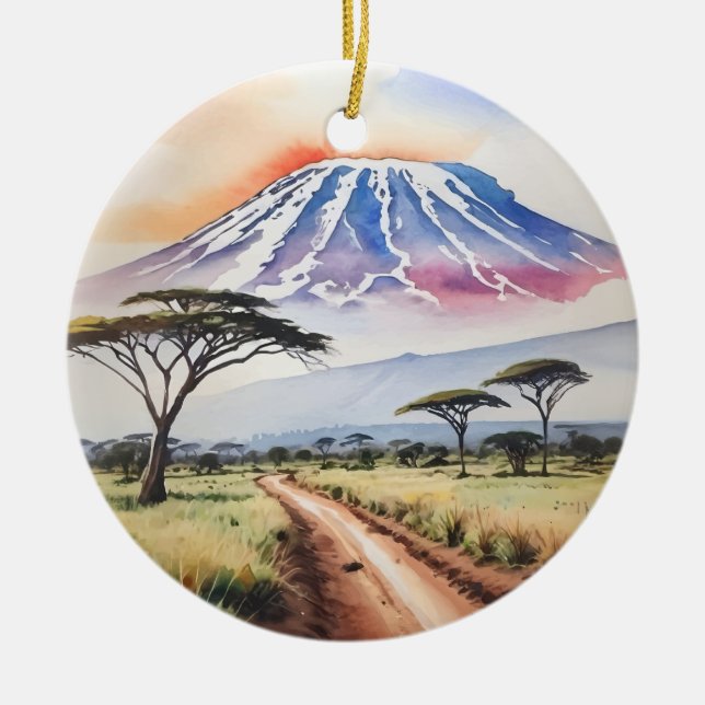 Mount Kilimanjaro Tanzania Watercolor Ceramic Ornament (Front)