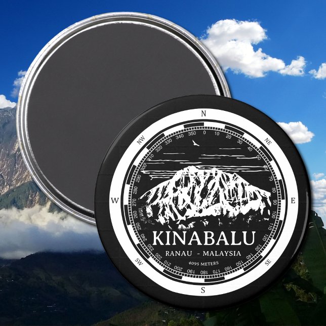 Mount Kinabalu - Ranau Malaysia Sabah Illustration Magnet (Mount Kinabalu Malaysia Magnet in Back with a white compass and mountain illustration)