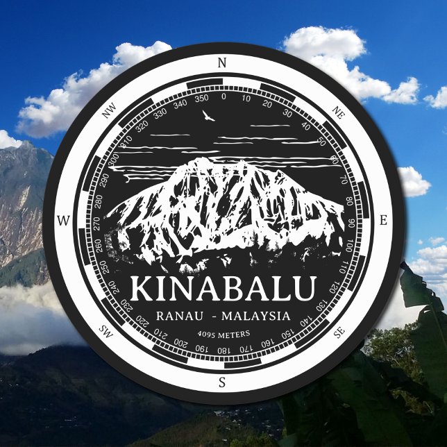 Mount Kinabalu - Ranau Malaysia Sabah Illustration Round Paper Coaster (Mount Kinabalu Malaysia Coaster in Back with a white compass and mountain illustration)
