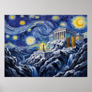 Mount Olympus Starry Night Mythological Landscape Poster