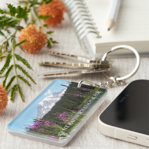 Mount Rainier and Wildflowers Scenic Landscape Key Ring