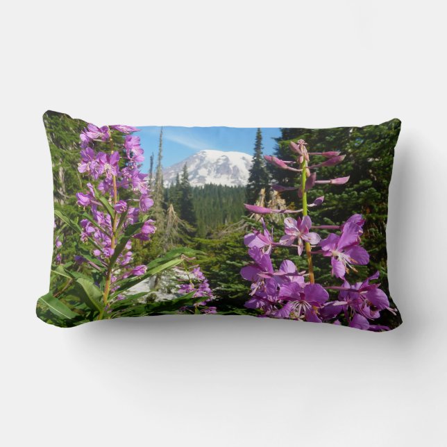 Mount Rainier Between Purple Phlox Flowers Lumbar Cushion (Front)