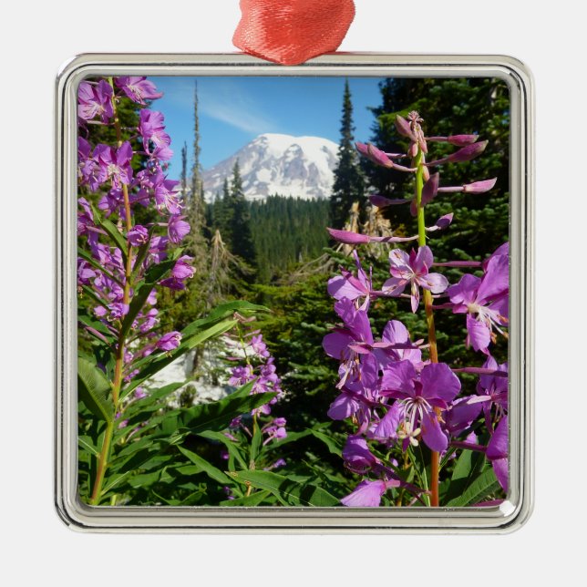 Mount Rainier Between Purple Phlox Flowers Metal Ornament (Front)