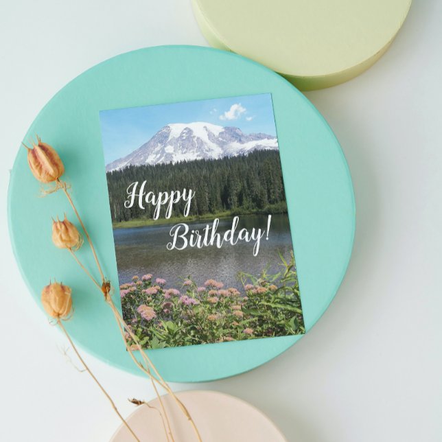 Mount Rainier Lake and Flowers Birthday Card (In Situ)