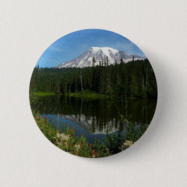 Mount Rainier Lake Reflection with Wildflowers 6 Cm Round Badge (Front)