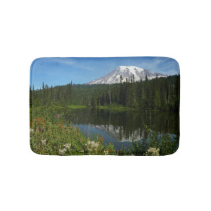 Mount Rainier Lake Reflection with Wildflowers Bath Mat