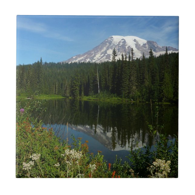 Mount Rainier Lake Reflection with Wildflowers Ceramic Tile (Front)