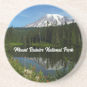 Mount Rainier Lake Reflection with Wildflowers Coaster