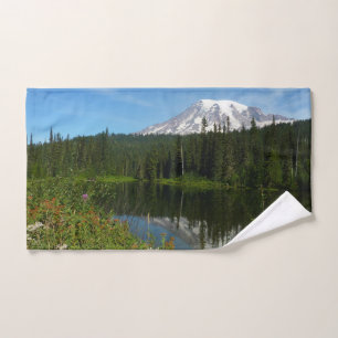 Mount Rainier Lake Reflection with Wildflowers Hand Towel