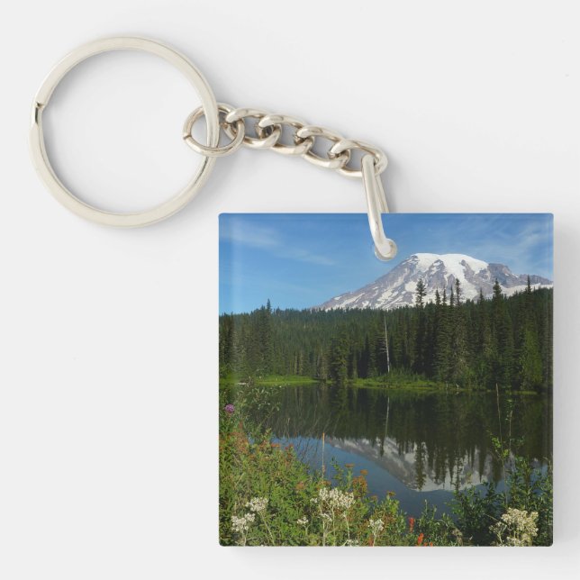 Mount Rainier Lake Reflection with Wildflowers Key Ring (Front)