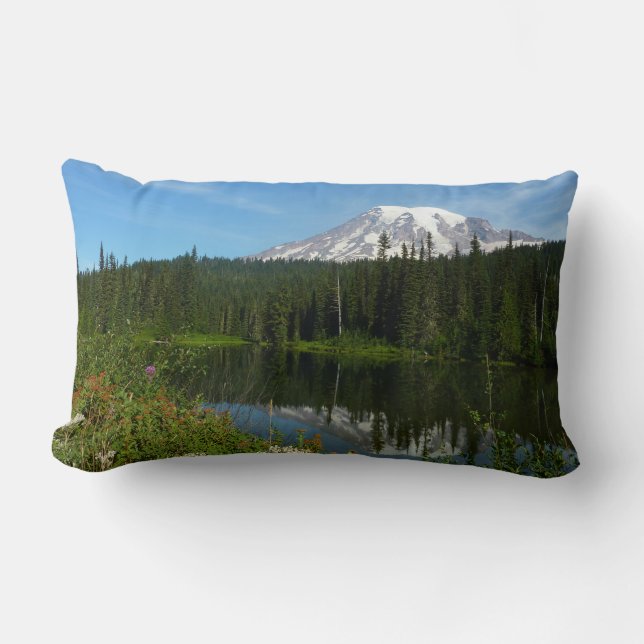 Mount Rainier Lake Reflection with Wildflowers Lumbar Cushion (Front)