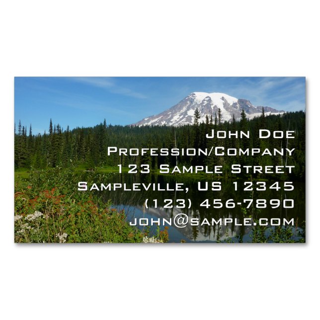 Mount Rainier Lake Reflection with Wildflowers Magnetic Business Card (Front)