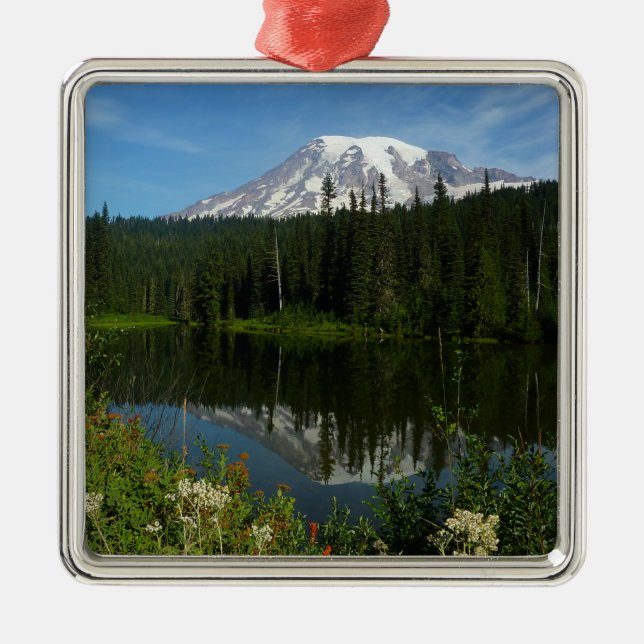 Mount Rainier Lake Reflection with Wildflowers Metal Ornament (Front)