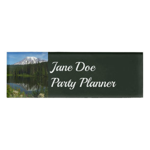 Mount Rainier Lake Reflection with Wildflowers Name Tag