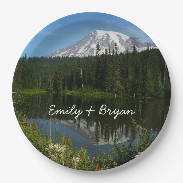 Mount Rainier Lake Reflection with Wildflowers Paper Plate (Front)