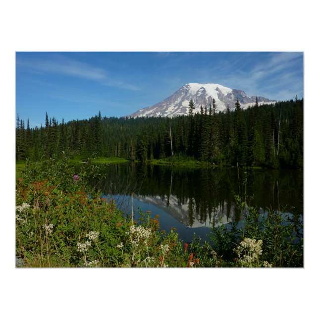Mount Rainier Lake Reflection with Wildflowers Poster (Front)