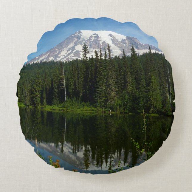 Mount Rainier Lake Reflection with Wildflowers Round Cushion (Front)