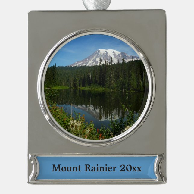 Mount Rainier Lake Reflection with Wildflowers Silver Plated Banner Ornament (Front)