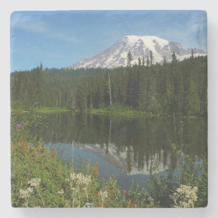 Mount Rainier Lake Reflection with Wildflowers Stone Coaster