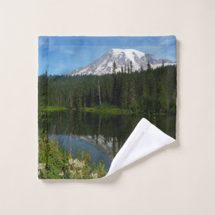 Mount Rainier Lake Reflection with Wildflowers Wash Cloth