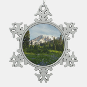Mount Rainier Morning Light Snowflake Pewter Christmas Ornament