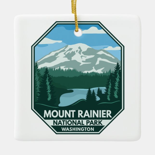 Mount Rainier National Park Minimal Retro Emblem Ceramic Ornament (Front)