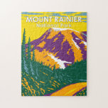 Mount Rainier National Park Washington Retro  Jigsaw Puzzle<br><div class="desc">Mount Rainier vector artwork design. The park is surrounded by valleys,  waterfalls,  and subalpine meadows.</div>