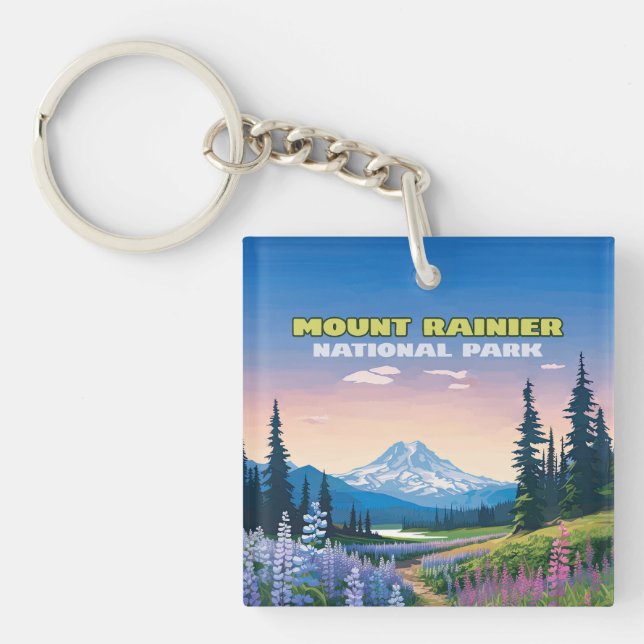 Mount Rainier National Park Washington Retro Key Ring (Front)
