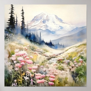 Mount Rainier National Park Watercolor Poster