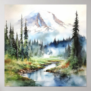 Mount Rainier National Park Watercolor Poster