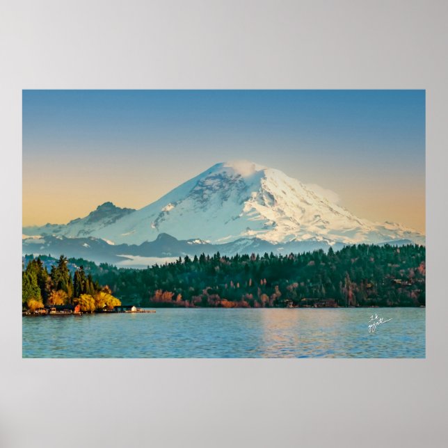 Mount Rainier Over Lake Washington Sunset Fine Art Poster (Front)