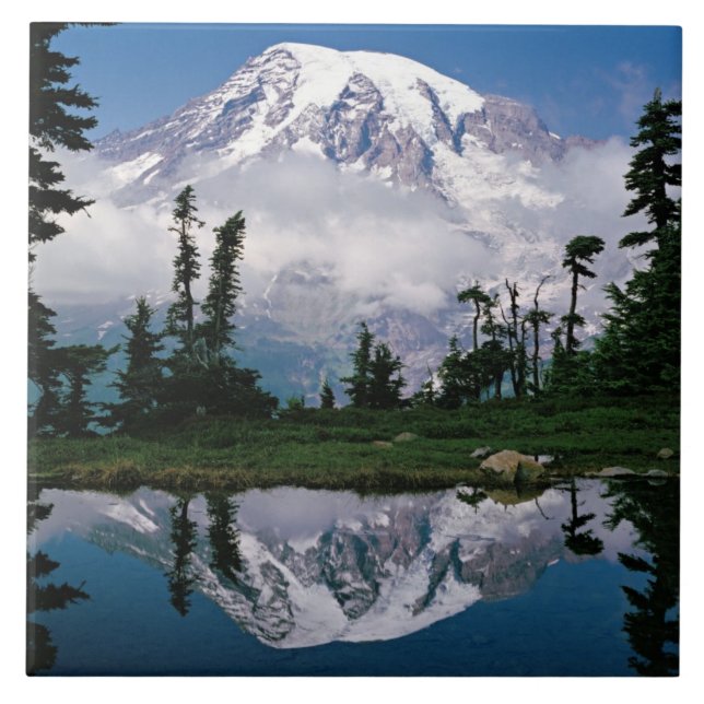 Mount Rainier relected in a mountain tarn Ceramic Tile (Front)