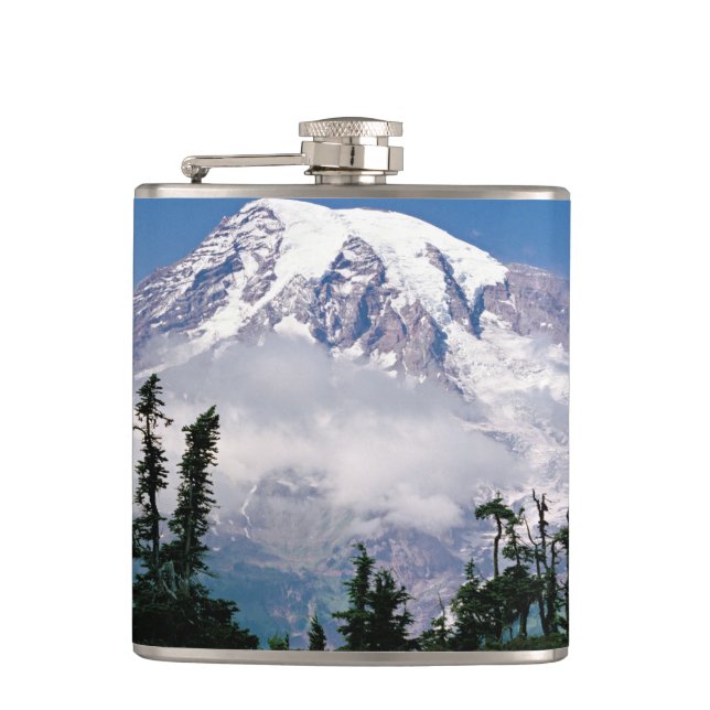 Mount Rainier relected in a mountain tarn Hip Flask (Front)