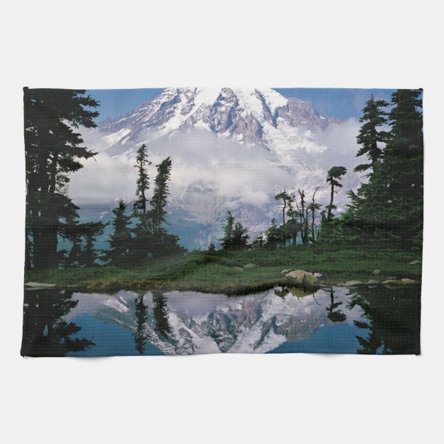 Mount Rainier relected in a mountain tarn Tea Towel (Horizontal)
