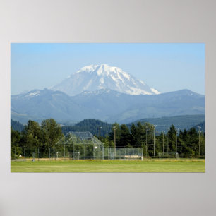 Mount Rainier Towers over Soccer Field Poster