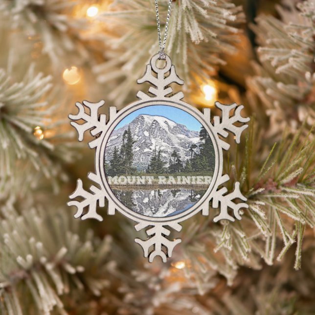 Mount Rainier Washington State Holiday Christmas Snowflake Pewter Christmas Ornament (Tree)