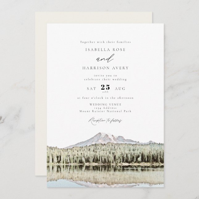 MOUNT RAINIER Watercolor Mountain Wedding Invitation (Front/Back)