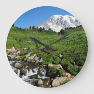 Mount Rainier, waterfall, snow-covered Large Clock