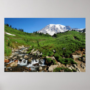 Mount Rainier, waterfall, snow-covered Poster