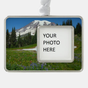 Mount Rainier, Wildflowers and Snow Silver Plated Framed Ornament
