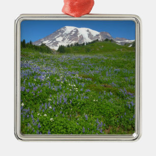 Mount Rainier with Purple Lupins Metal Ornament