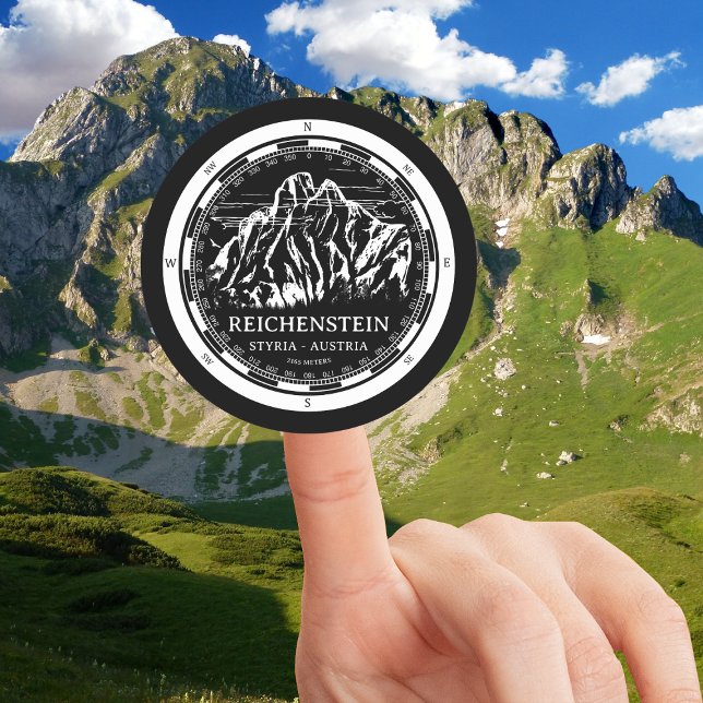 Mount Reichenstein - Styria Austria Alps Classic Round Sticker (Mount Reichenstein - Styria Austria Alps Sticker in Back with a white compass mountain illustration)