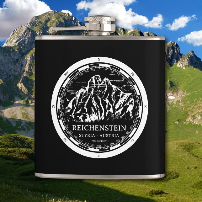 Mount Reichenstein - Styria Austria Alps Hip Flask (Mount Reichenstein - Styria Austria Alps Flask in Back with a white compass mountain illustration)