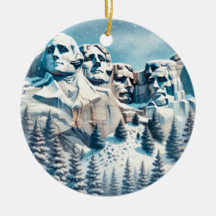 Mount Rushmore National Park Snowy Christmas Ceramic Ornament